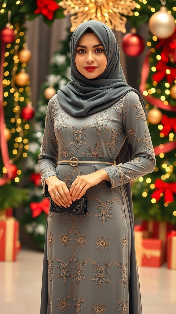 Elegant Christmas Dress with Hijab Style A fashionable woman in a Christmas dress and hijab, surrounded by holiday decorations.